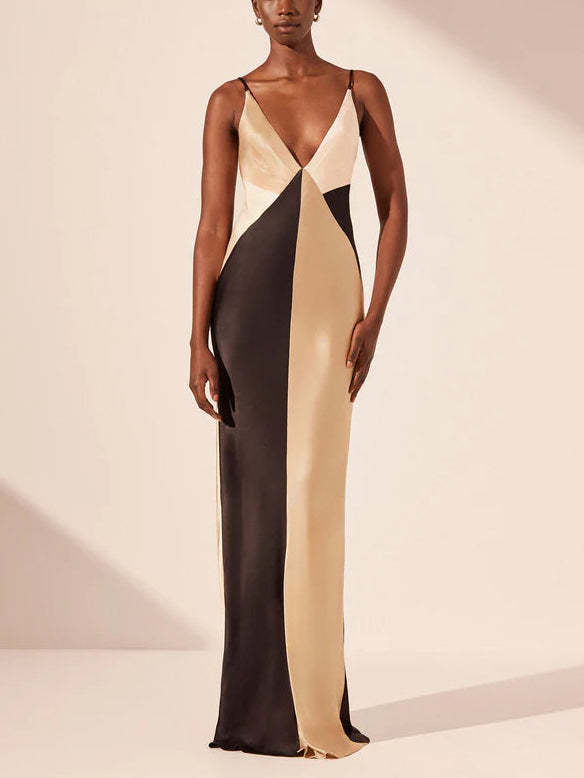 Women's Contrasting Satin V-Neck Double Strap Maxi Dress ¨C Elegant Evening Gown