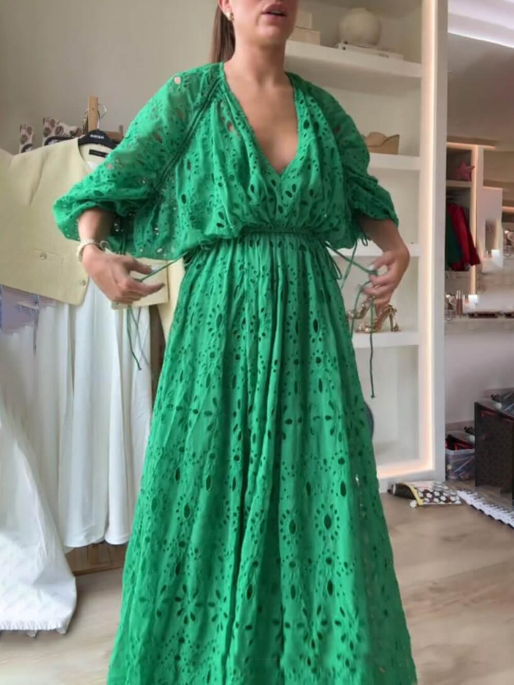 Women's V-Neck Oversize Maxi Lace Dress With Gathered Waist ¨C Elegant Flow Dress