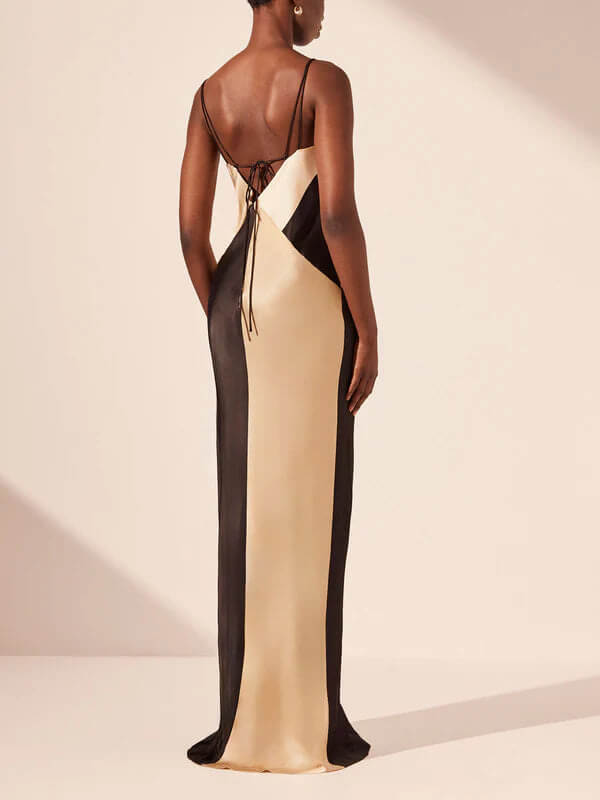 Women's Contrasting Satin V-Neck Double Strap Maxi Dress ¨C Elegant Evening Gown