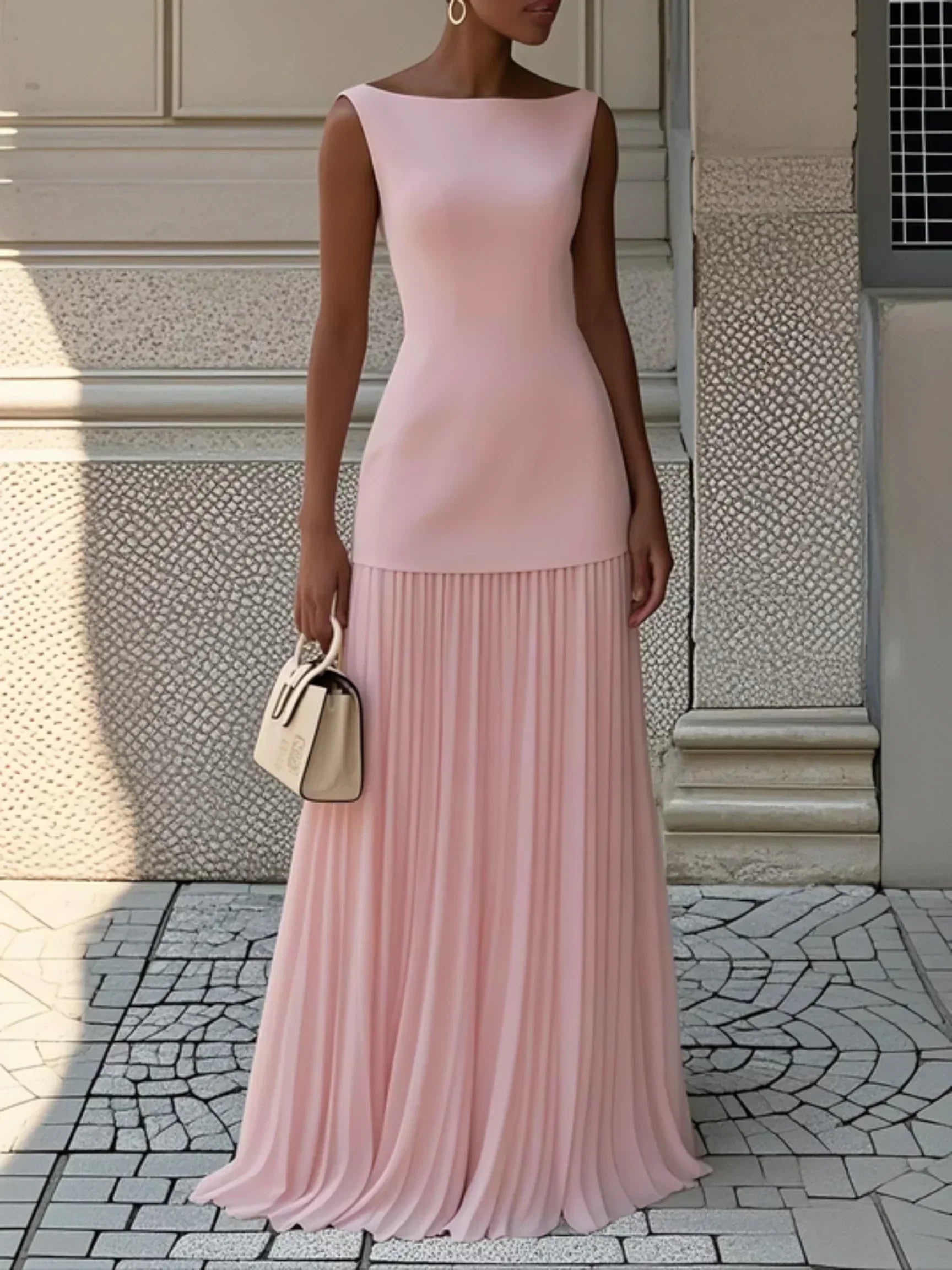 Women's Sleeveless Maxi Dress with Flowing Pleats ¨C Elegant Bridesmaid Gown