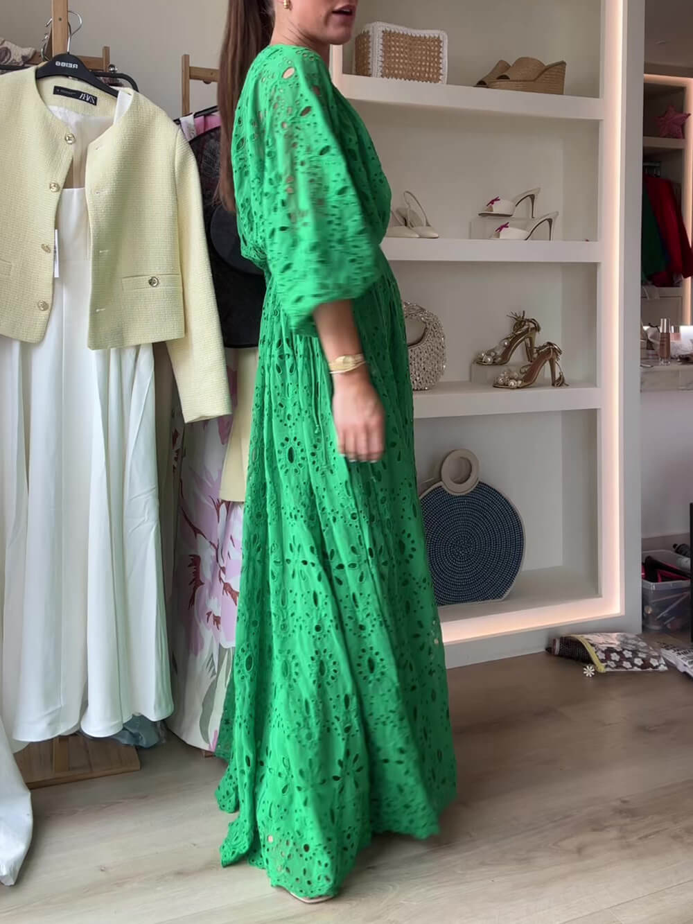 Women's V-Neck Oversize Maxi Lace Dress With Gathered Waist ¨C Elegant Flow Dress