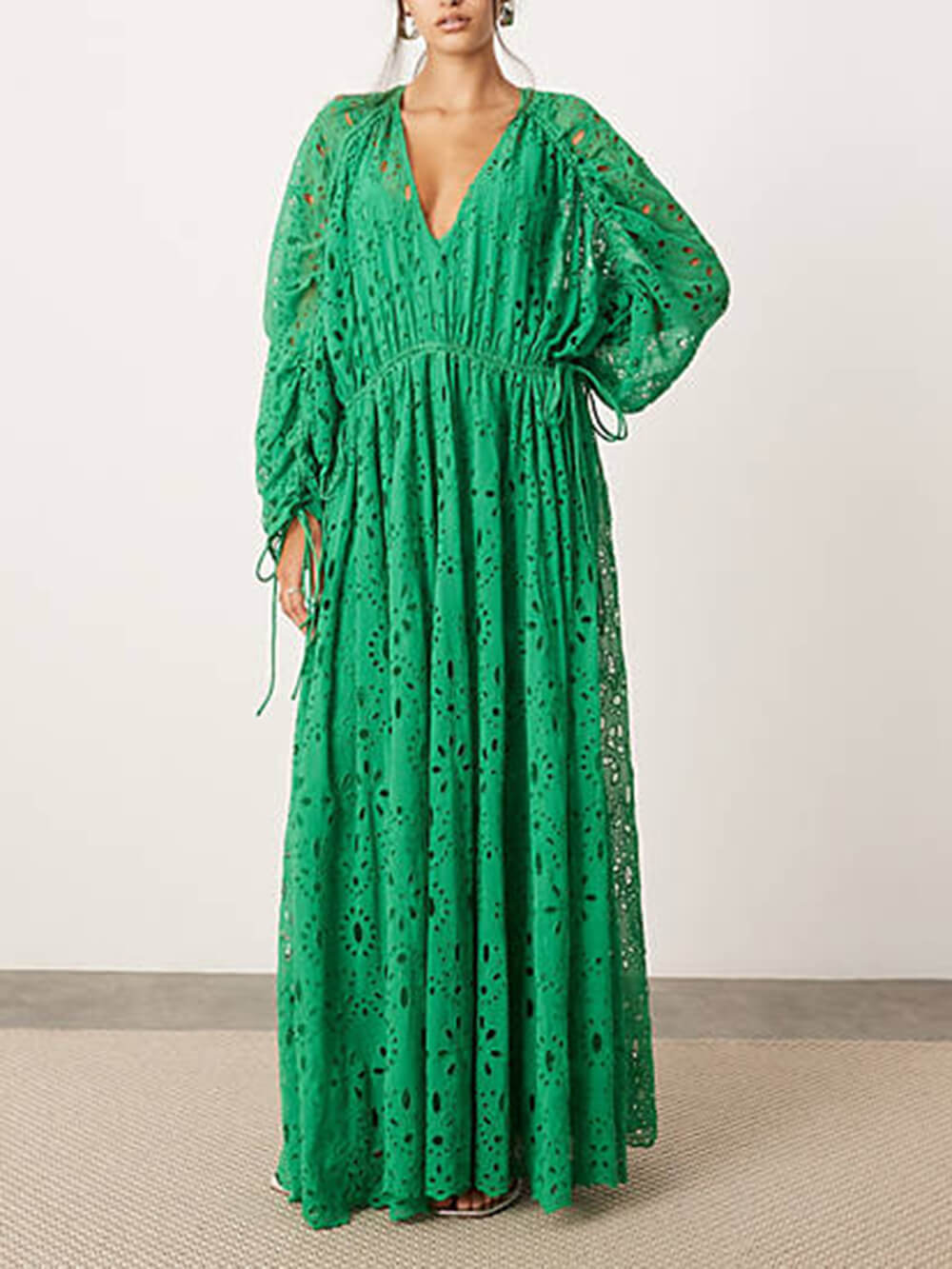Women's V-Neck Oversize Maxi Lace Dress With Gathered Waist ¨C Elegant Flow Dress