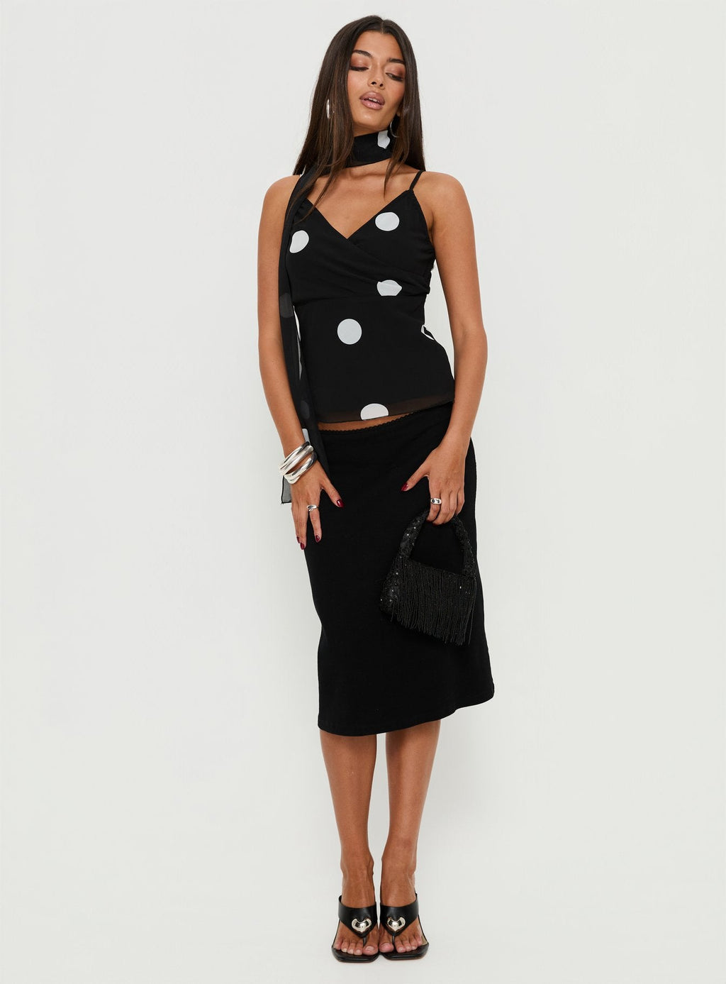 Jenae Scarf Detail Cami Top Black / White Polka