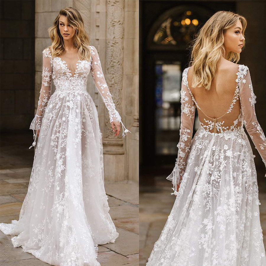 Women's Elegant Deep V-Neck Wedding Dress With Floral Lace Appliqu¨¦s ¨C Romantic Bridal Gown
