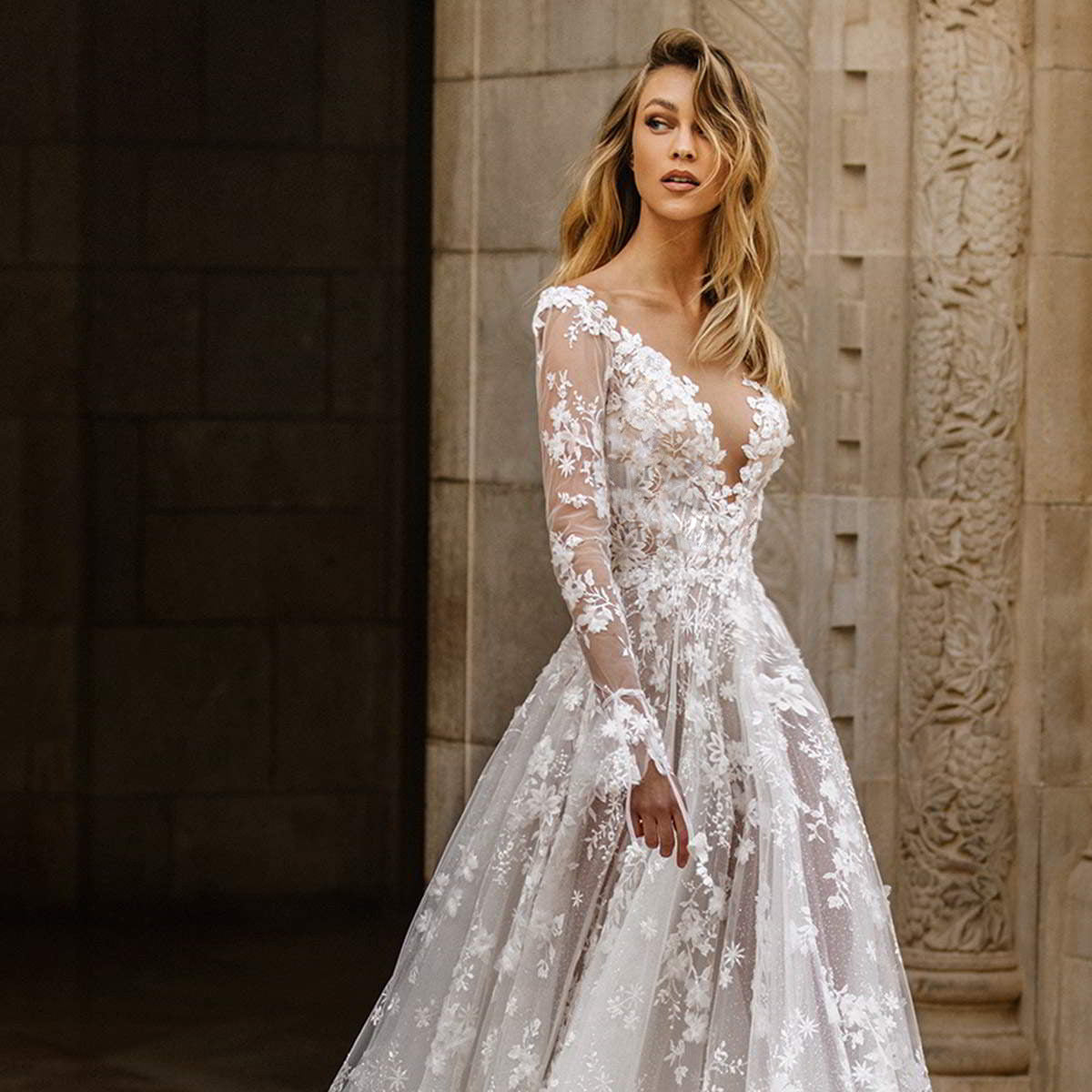 Women's Elegant Deep V-Neck Wedding Dress With Floral Lace Appliqu¨¦s ¨C Romantic Bridal Gown