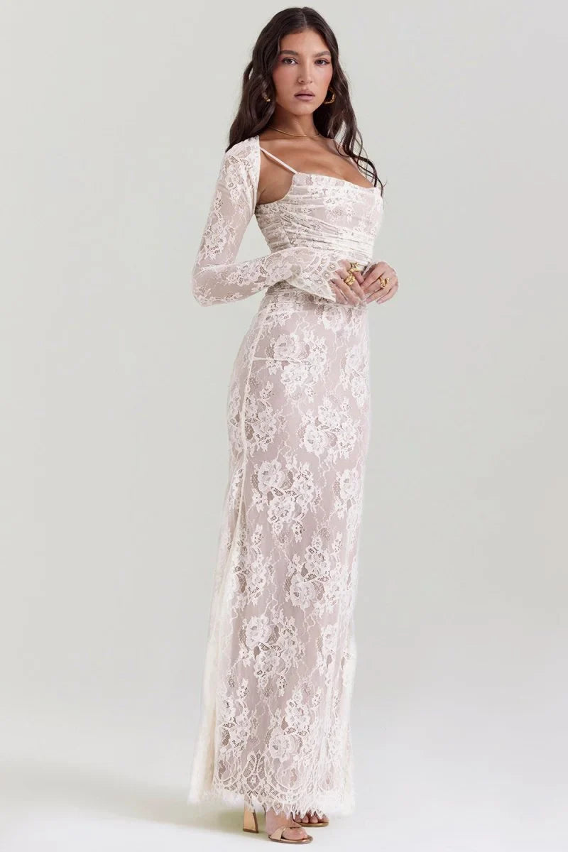 Women's Lace Bodycon Maxi Dress Set ¨C Long Sleeve Cropped Jacket