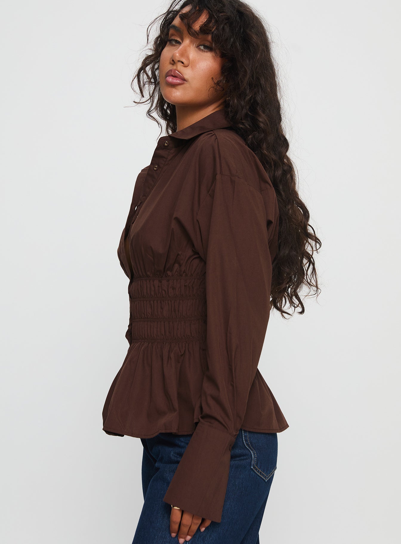 As You Are Shirred Button Up Top Chocolate