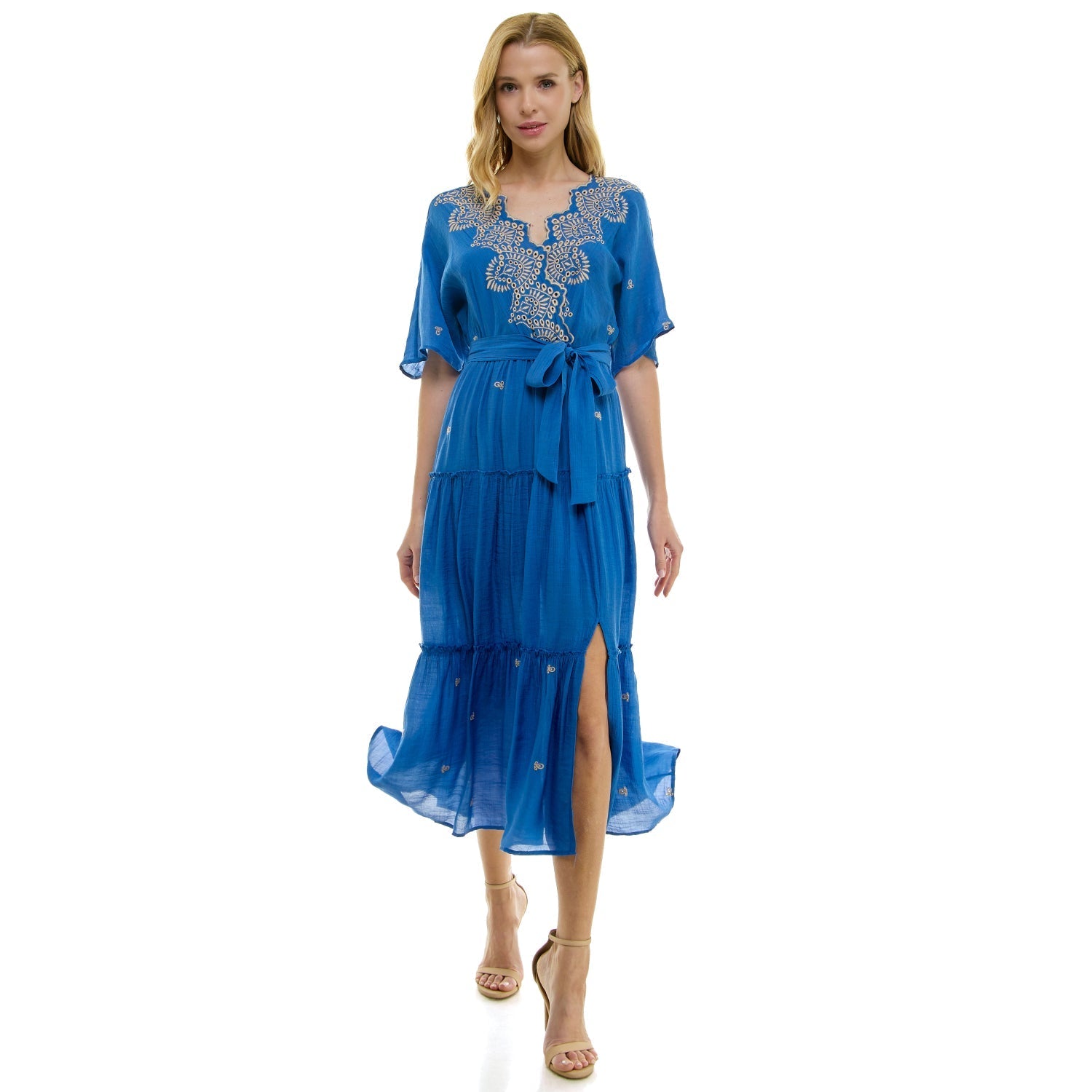 3/4 Sleeve Wrap Style Dress With Scallop Embroidered Neck