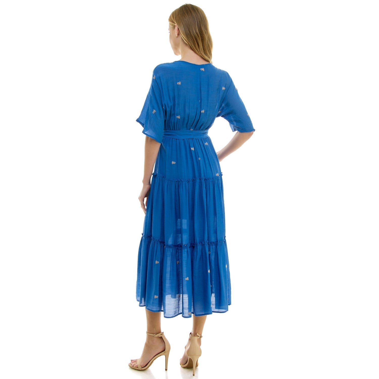 3/4 Sleeve Wrap Style Dress With Scallop Embroidered Neck