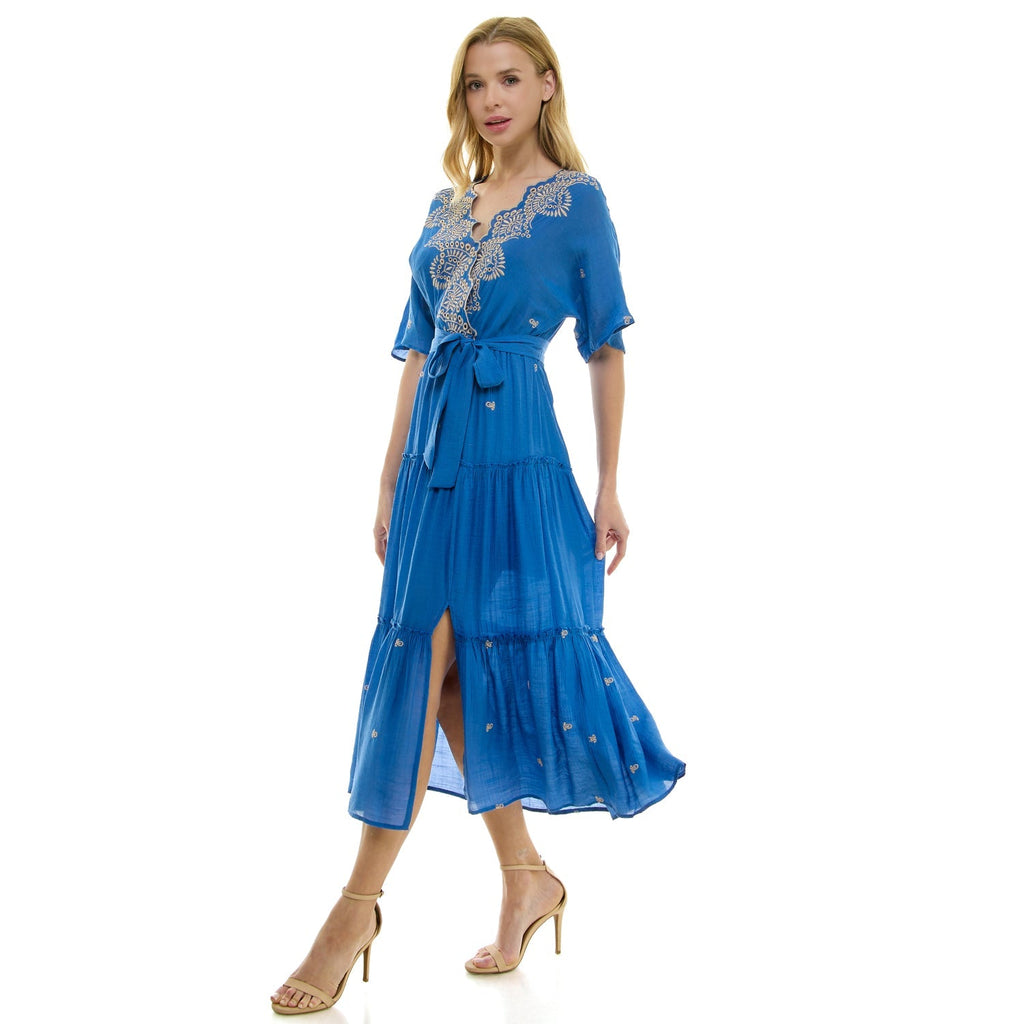 3/4 Sleeve Wrap Style Dress With Scallop Embroidered Neck