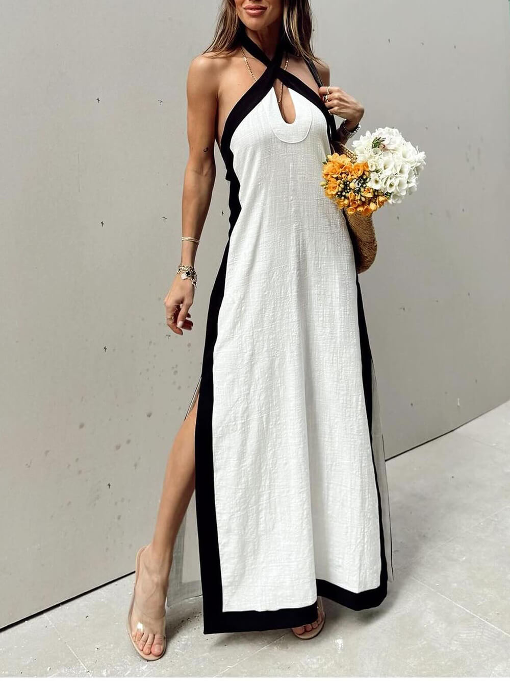 Women's Color Block Halter Neck Maxi Dress With Side Slit ¨C Elegant Dress