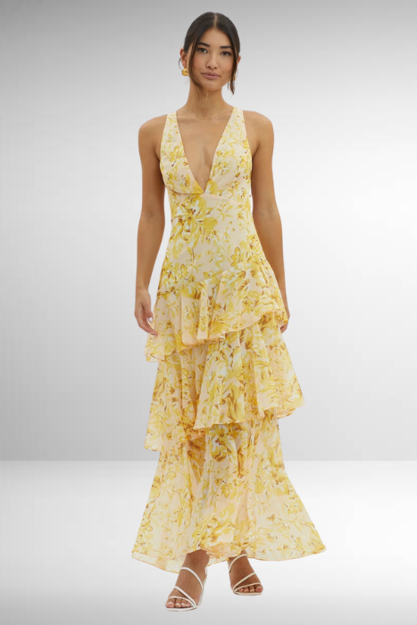 Women's Layered Chiffon Maxi Dress ¨C Sleeveless V-Neck Open Back Gown
