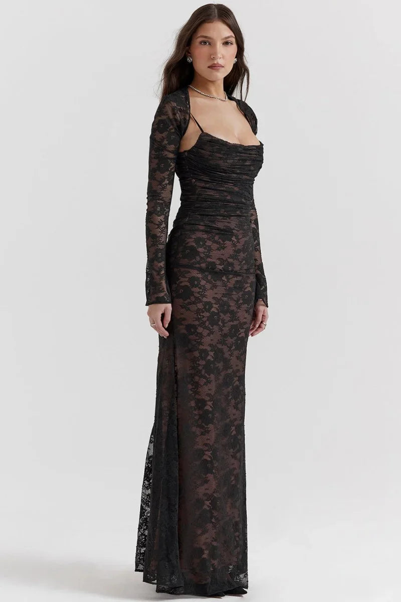 Women's Lace Bodycon Maxi Dress Set ¨C Long Sleeve Cropped Jacket