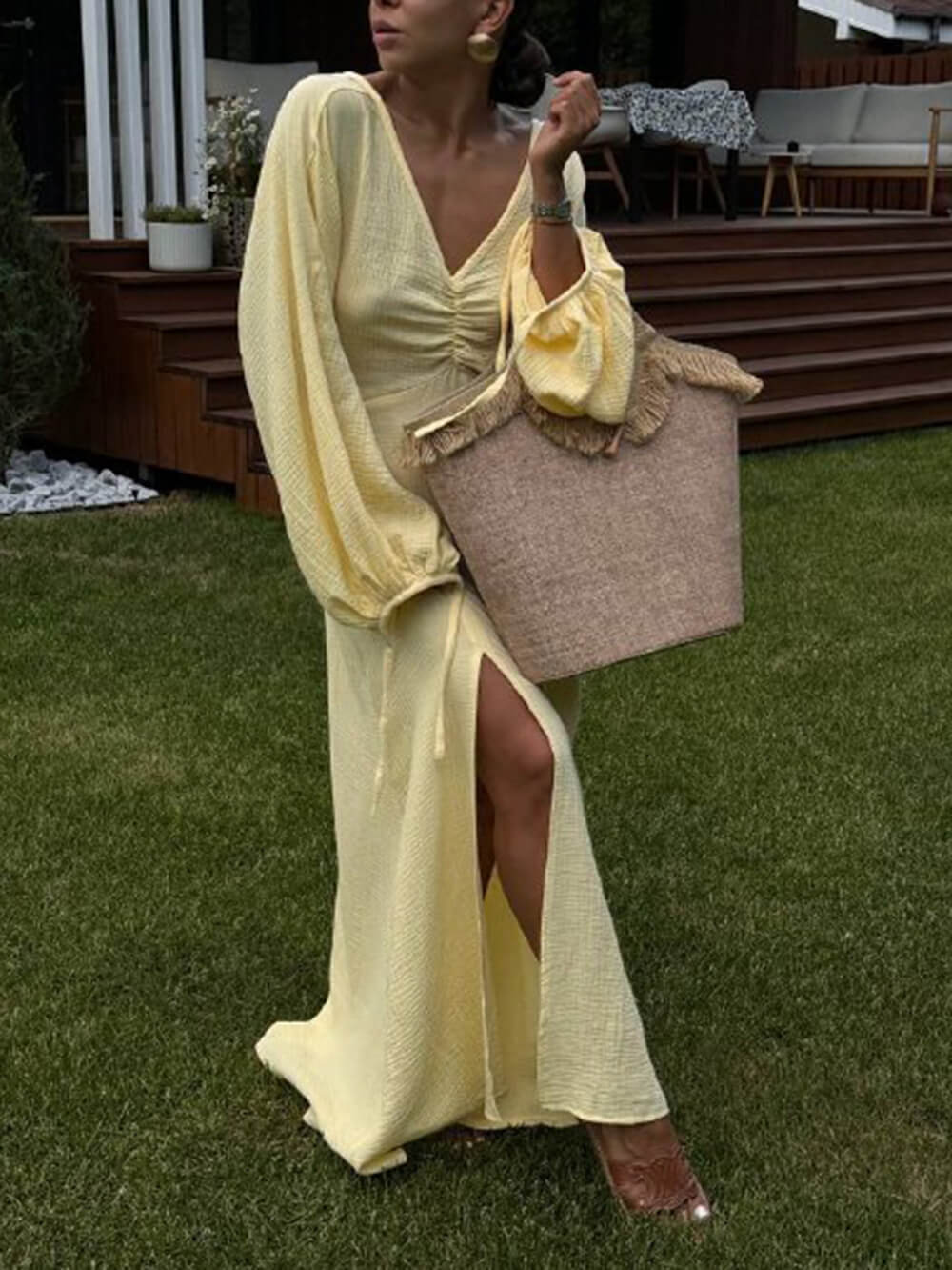 Women's Pleated Slit Lantern Sleeve Maxi Dress ¨C Elegant Flowing Gown