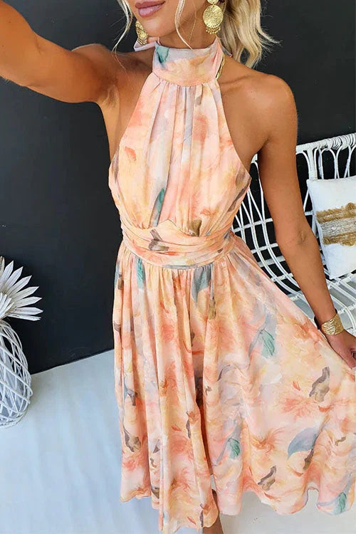 Women's Elegant Halter Neck Watercolour Maxi Dress - Summer Flowy Gown