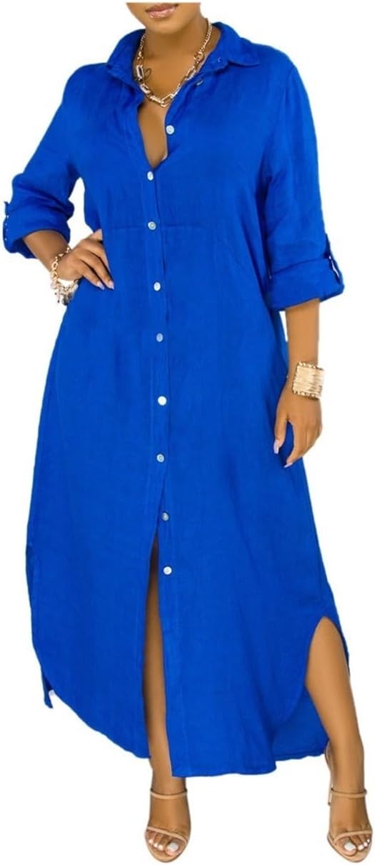 Women's Oversized Long Shirt Dress ¨C Casual Button-Up Dress With Pockets