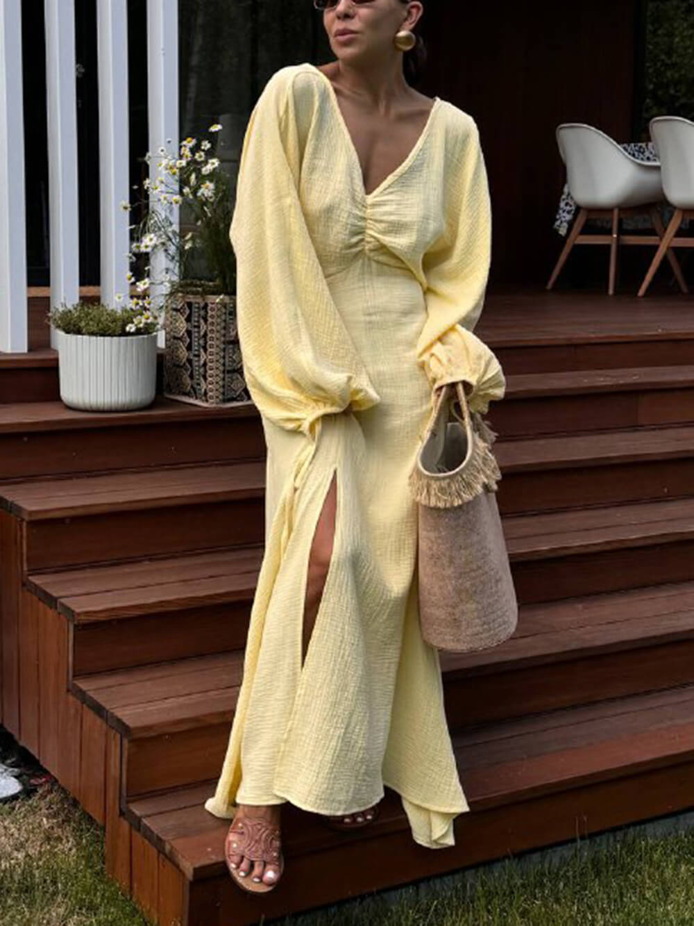 Women's Pleated Slit Lantern Sleeve Maxi Dress ¨C Elegant Flowing Gown