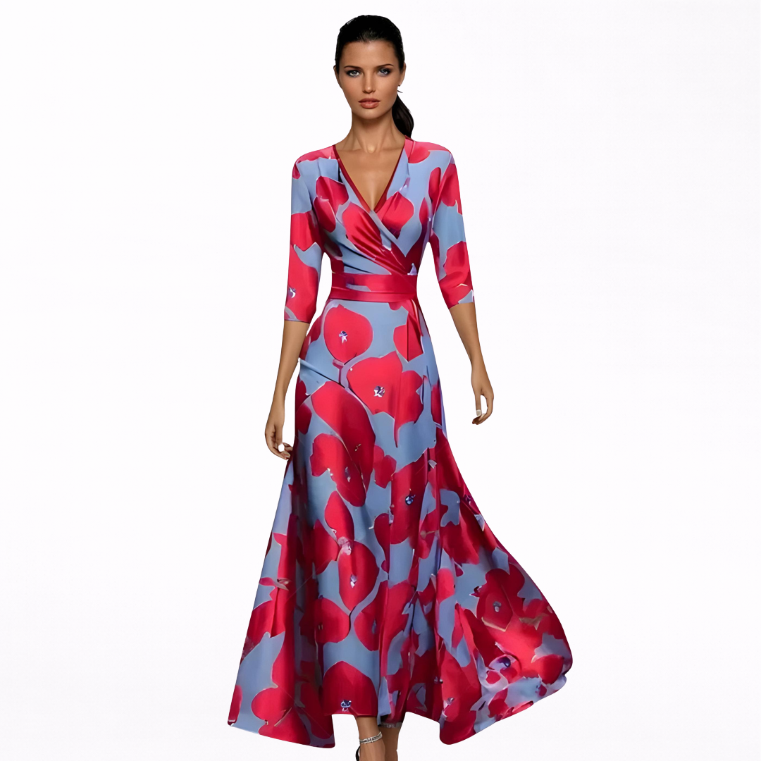 Women's V-Neck Longsleeve Floral Maxi Dress - Wrapped Elegant Style