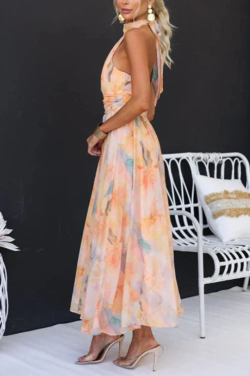 Women's Elegant Halter Neck Watercolour Maxi Dress - Summer Flowy Gown