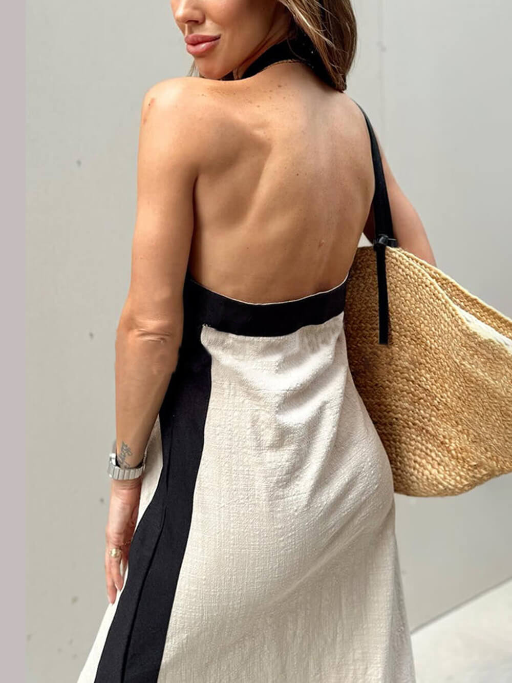 Women's Color Block Halter Neck Maxi Dress With Side Slit ¨C Elegant Dress