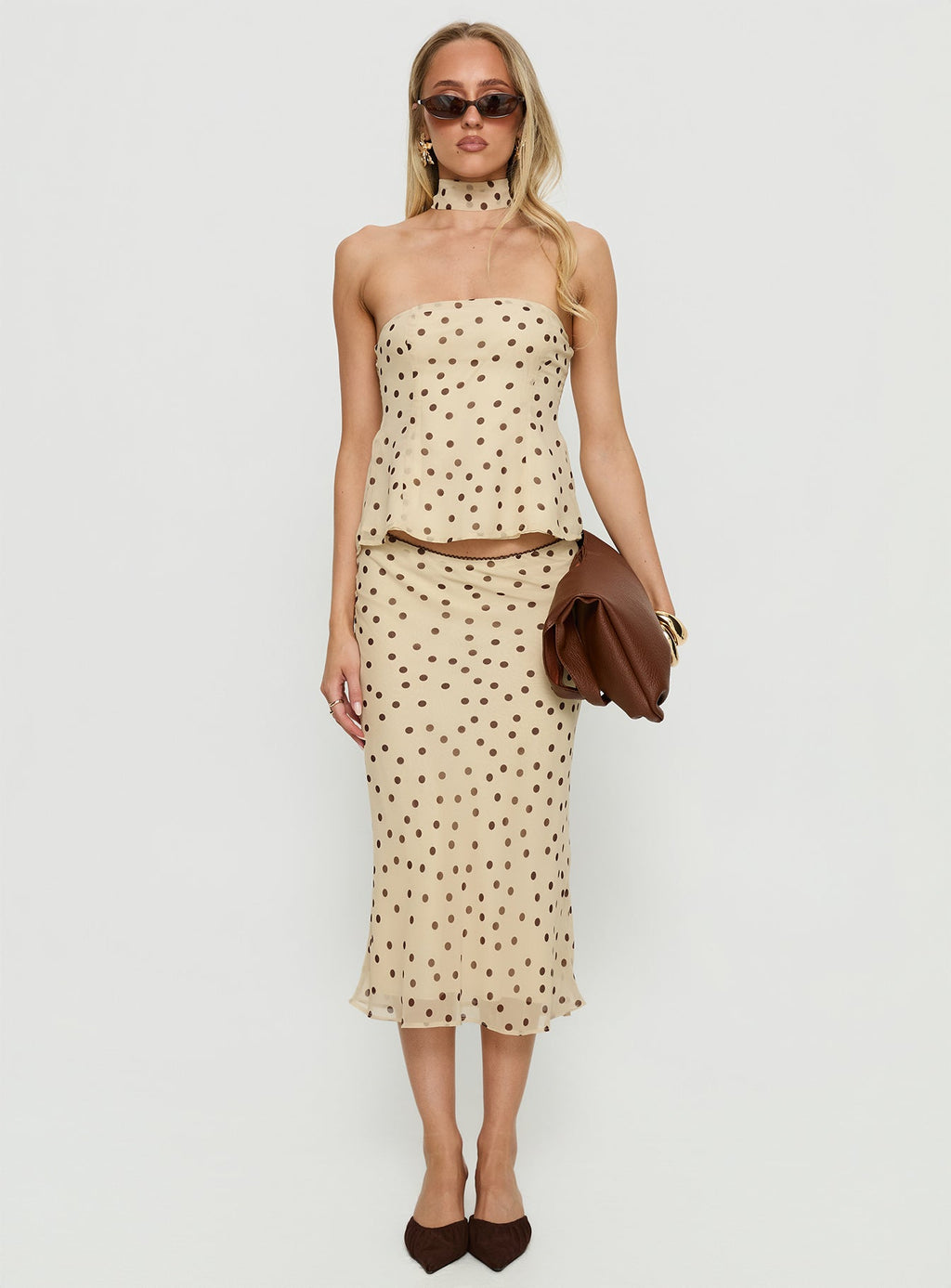 Sydni scarf detail strapless top Yellow / Chocolate Polka Dot