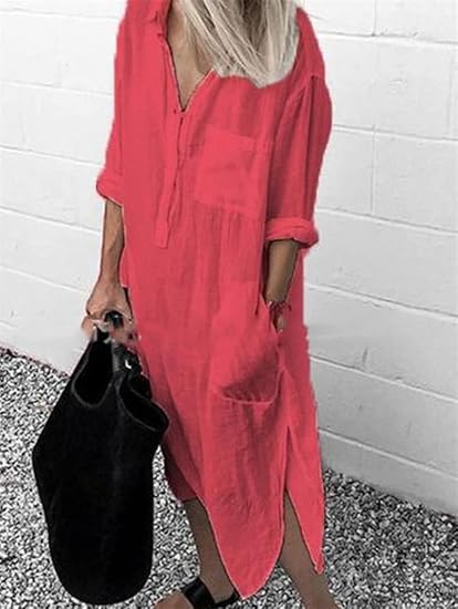 Women's Oversized Long Shirt Dress ¨C Casual Button-Up Dress With Pockets