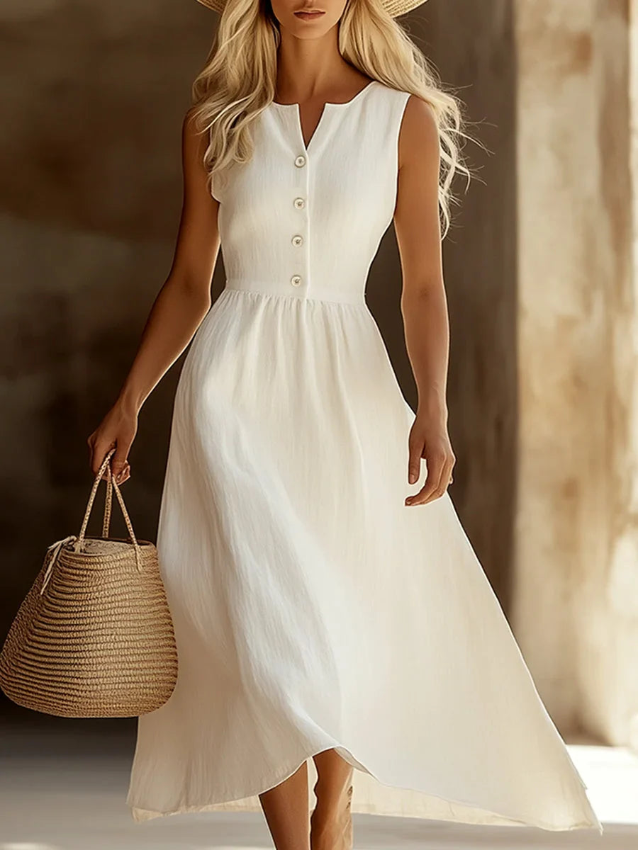 Women's White Linen Sleeveless Maxi Dress ¨C Button Front Summer Dress