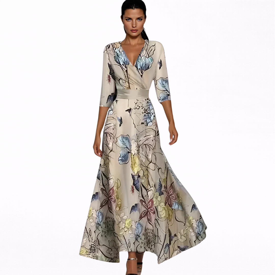 Women's V-Neck Longsleeve Floral Maxi Dress - Wrapped Elegant Style