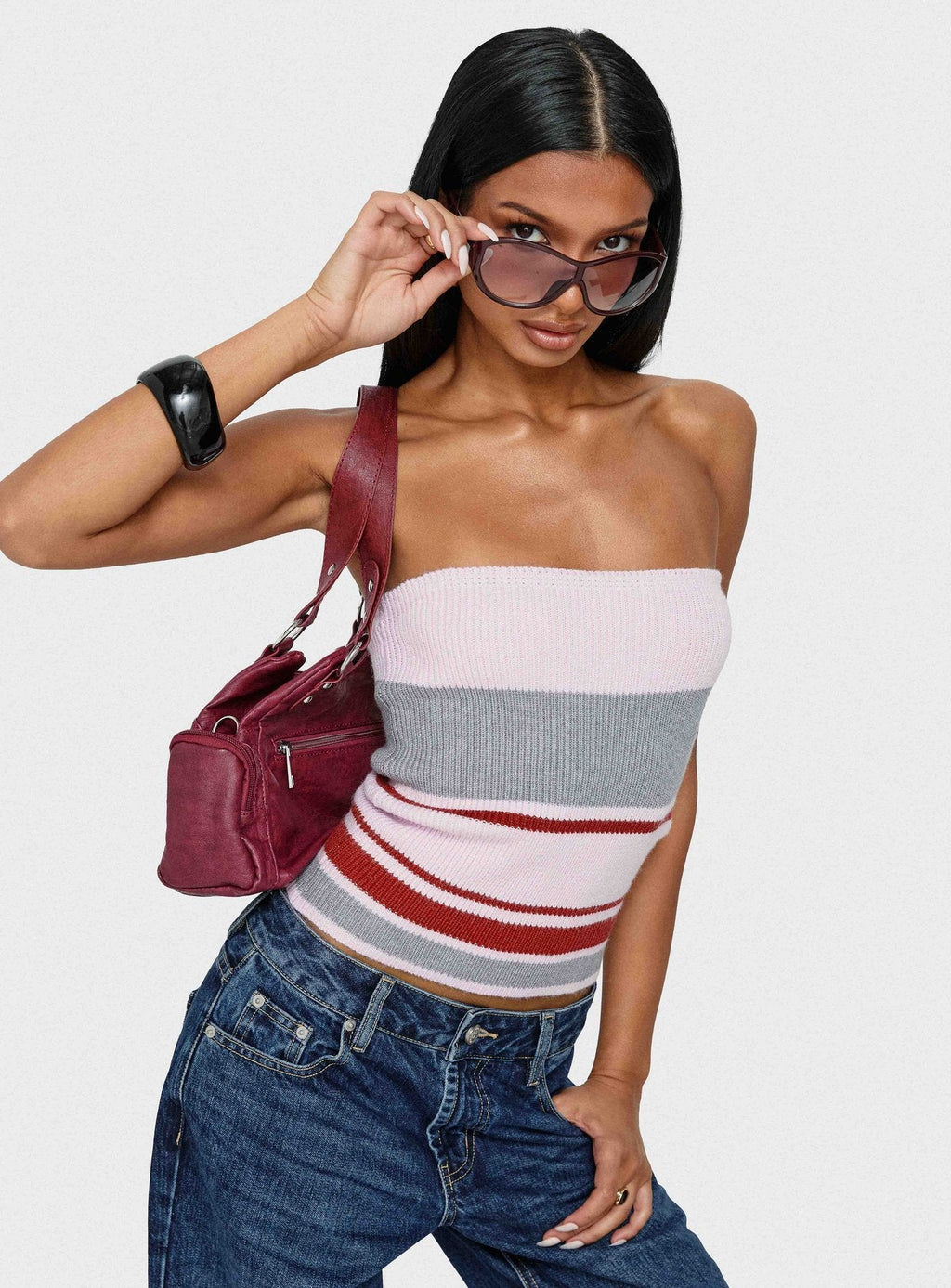 In The Mirror Strapless Top Pink Stripe