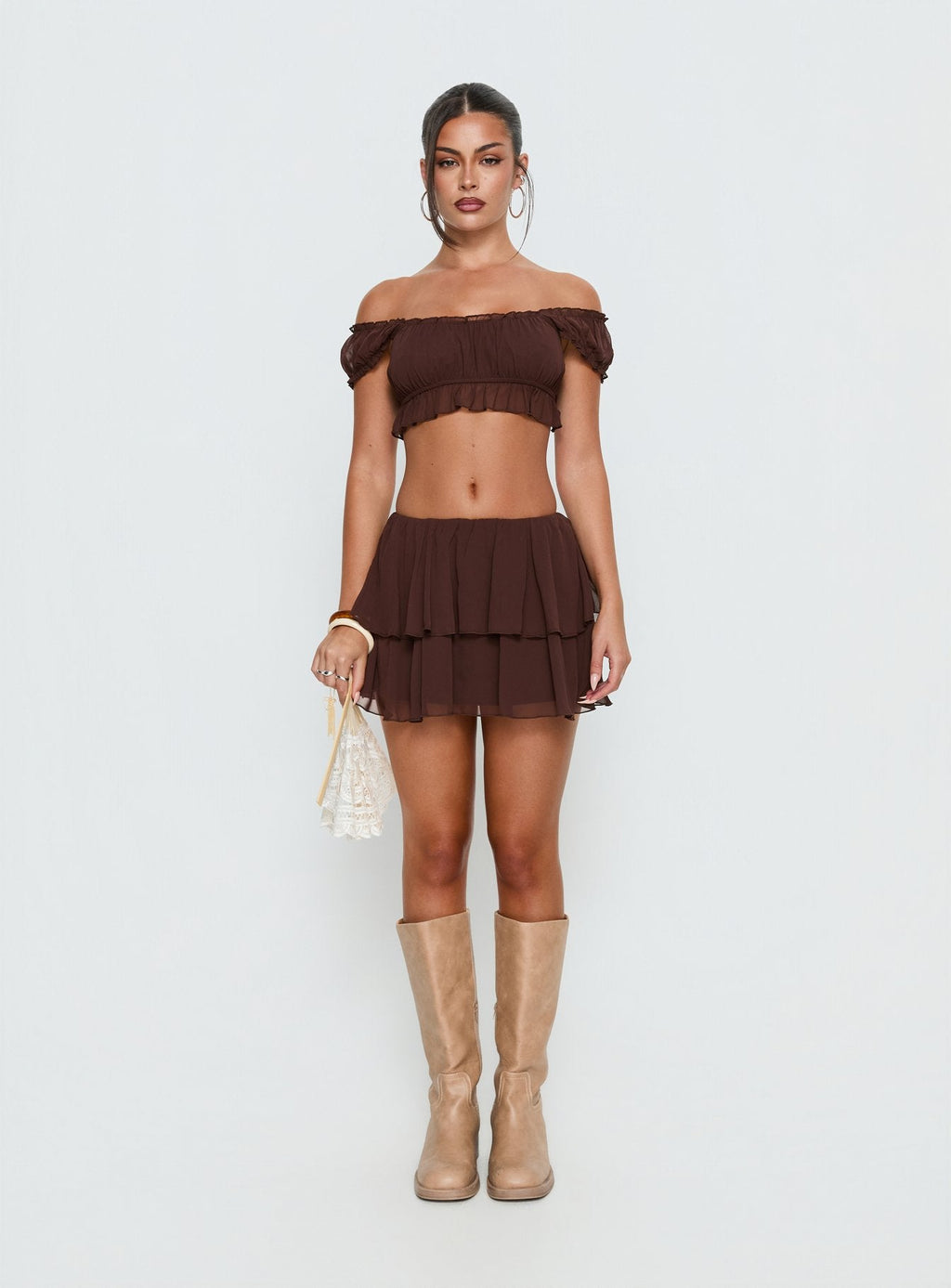 Ackee Ruched Off Shoulder Top Brown