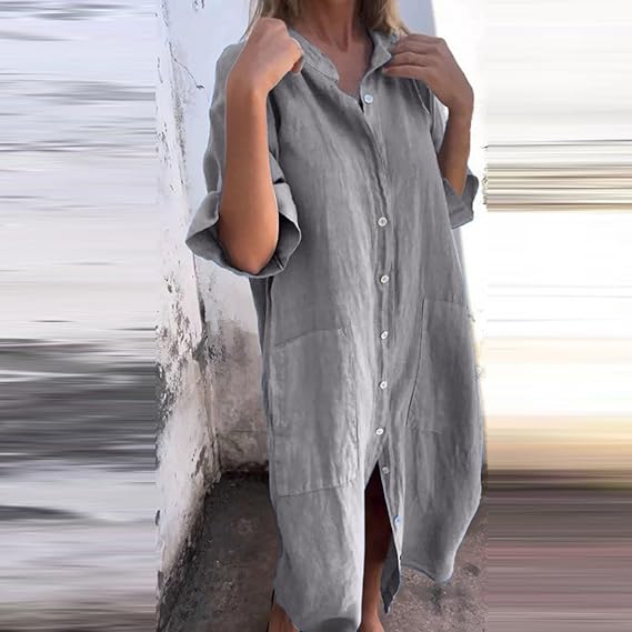 Women's Oversized Long Shirt Dress ¨C Casual Button-Up Dress With Pockets