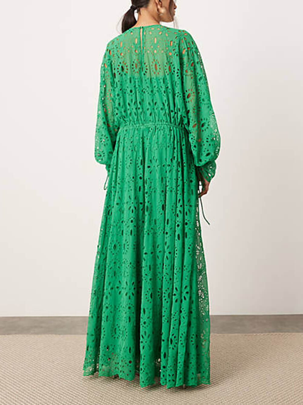 Women's V-Neck Oversize Maxi Lace Dress With Gathered Waist ¨C Elegant Flow Dress