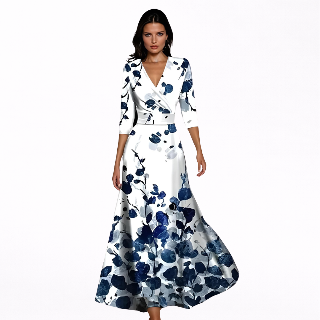 Women's V-Neck Longsleeve Floral Maxi Dress - Wrapped Elegant Style