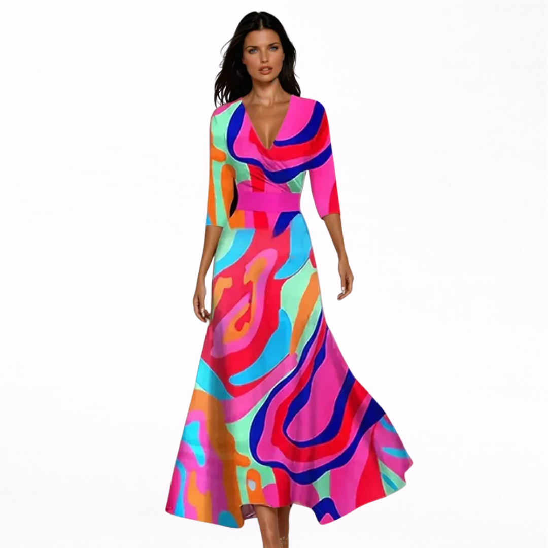 Women's V-Neck Longsleeve Floral Maxi Dress - Wrapped Elegant Style