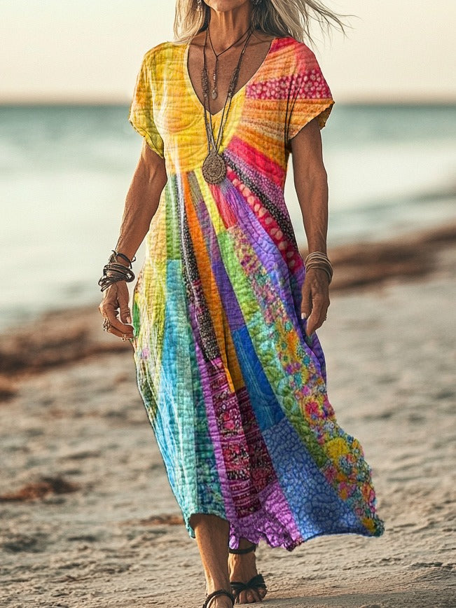 Women's V-Neck Long Sleeve Bohemian Dress ¨C Colorful Relaxed Summer Dress