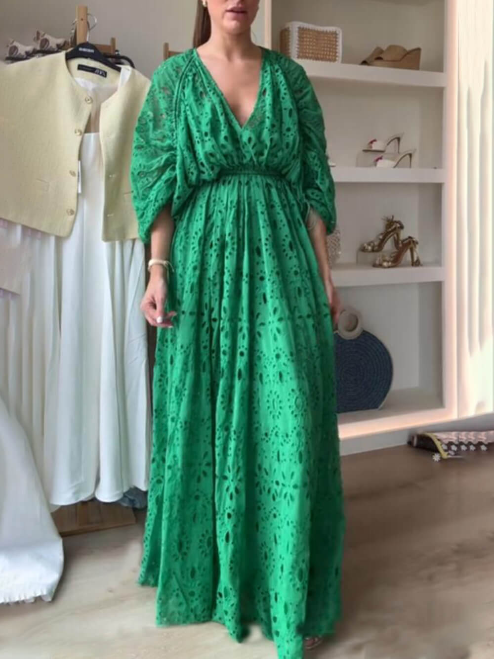 Women's V-Neck Oversize Maxi Lace Dress With Gathered Waist ¨C Elegant Flow Dress