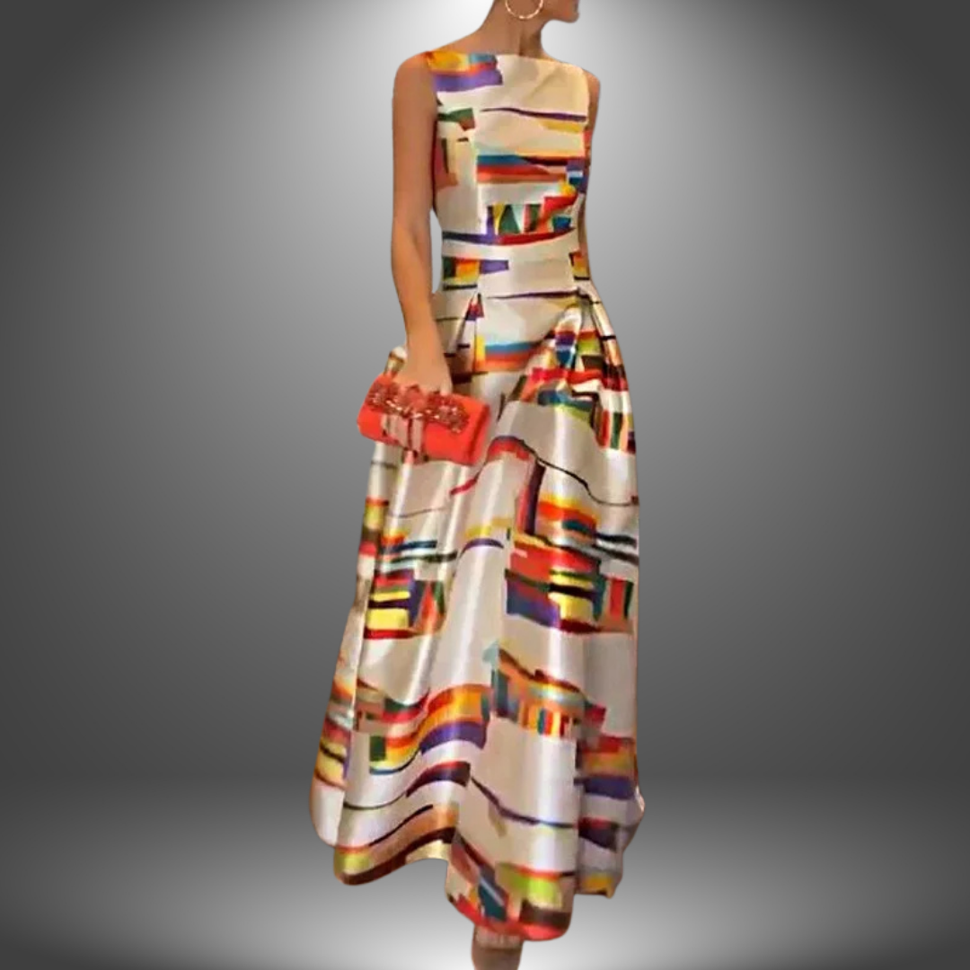 Women's Multicolor Pleated Maxi Dress - Sleeveless Gown