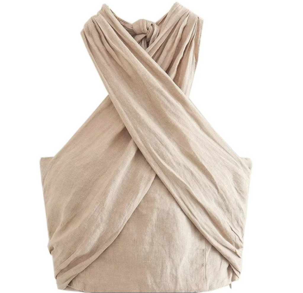 Beige Halter Crop Top for Women with Crisscross Design ¨C Lightweight Cotton-Linen Blend Going Out Top