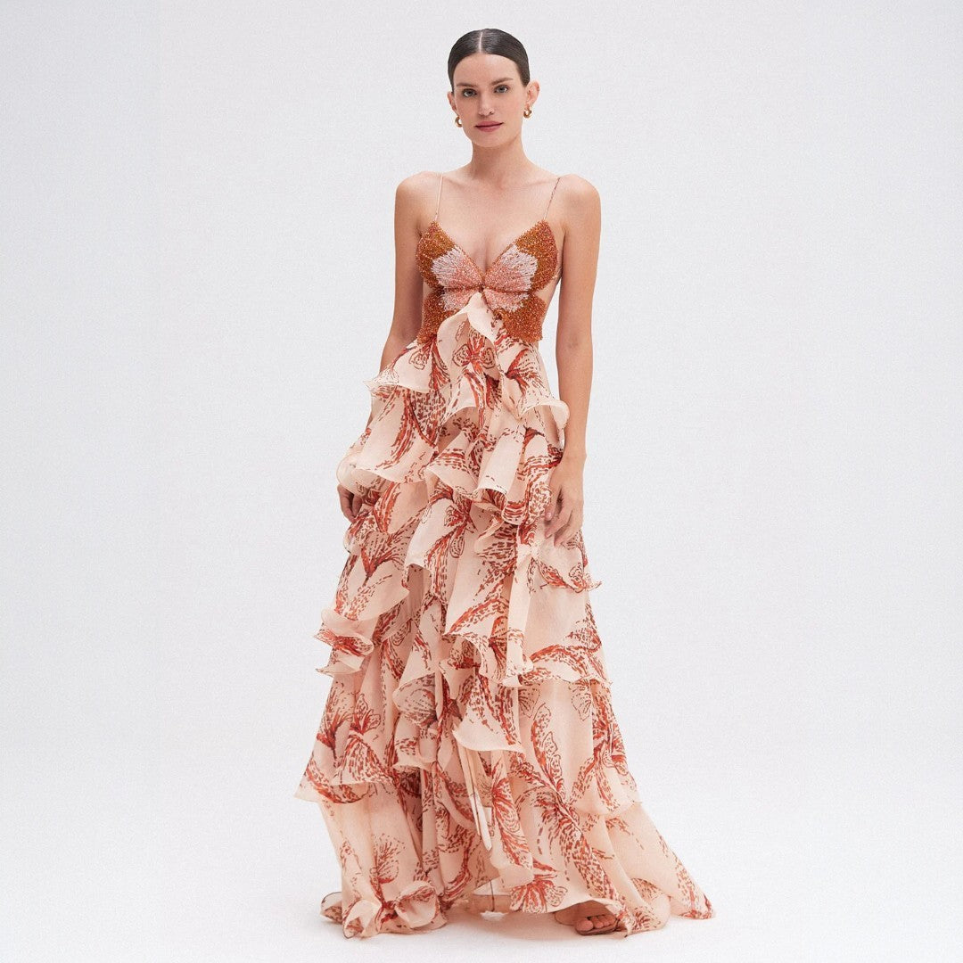 Women's V Neck Layered Maxi Dress - Elegant Long Occasion Style