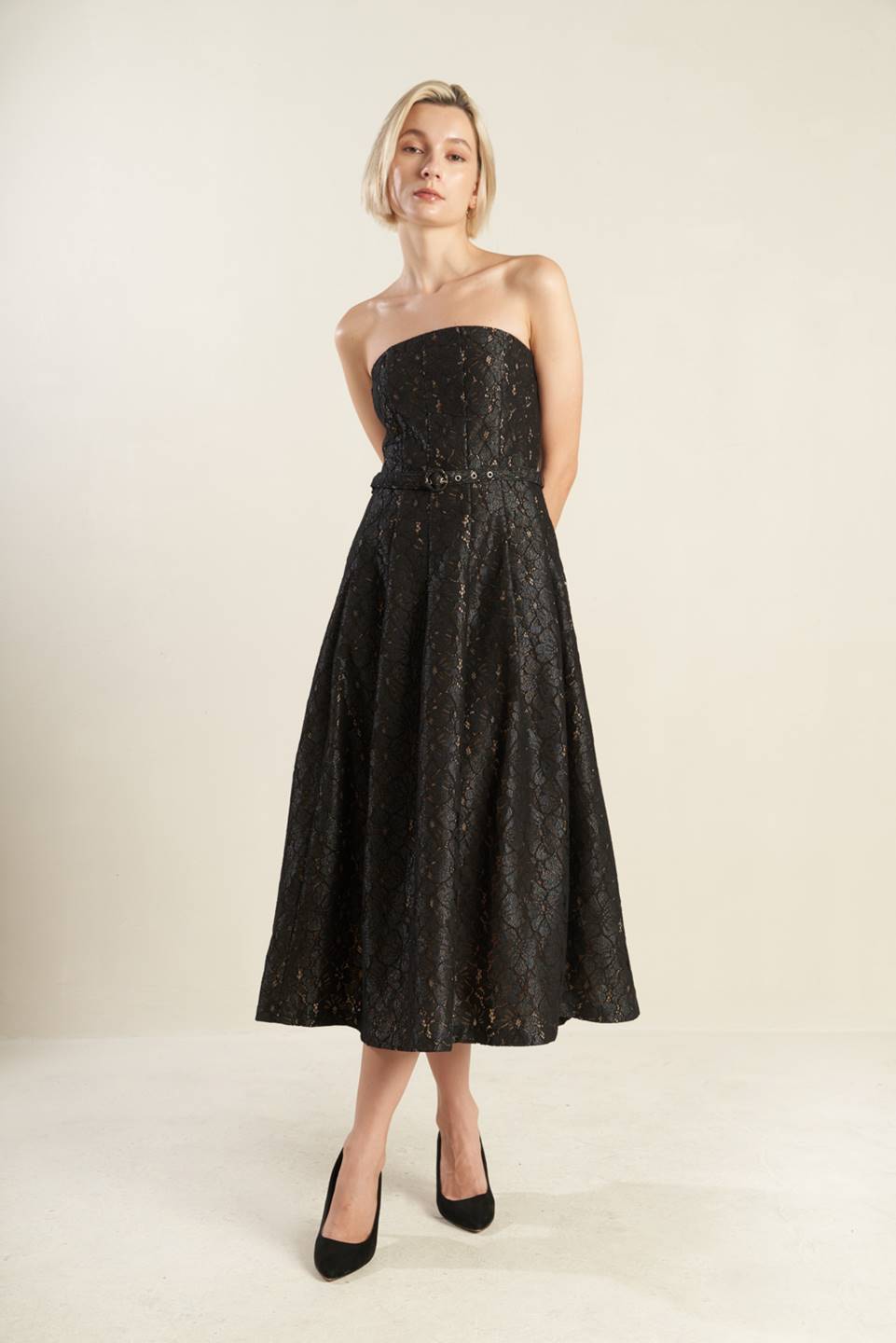 THE TRUTH IS STRAPLESS BLACK LACE MIDI DRESS - FINAL SALE