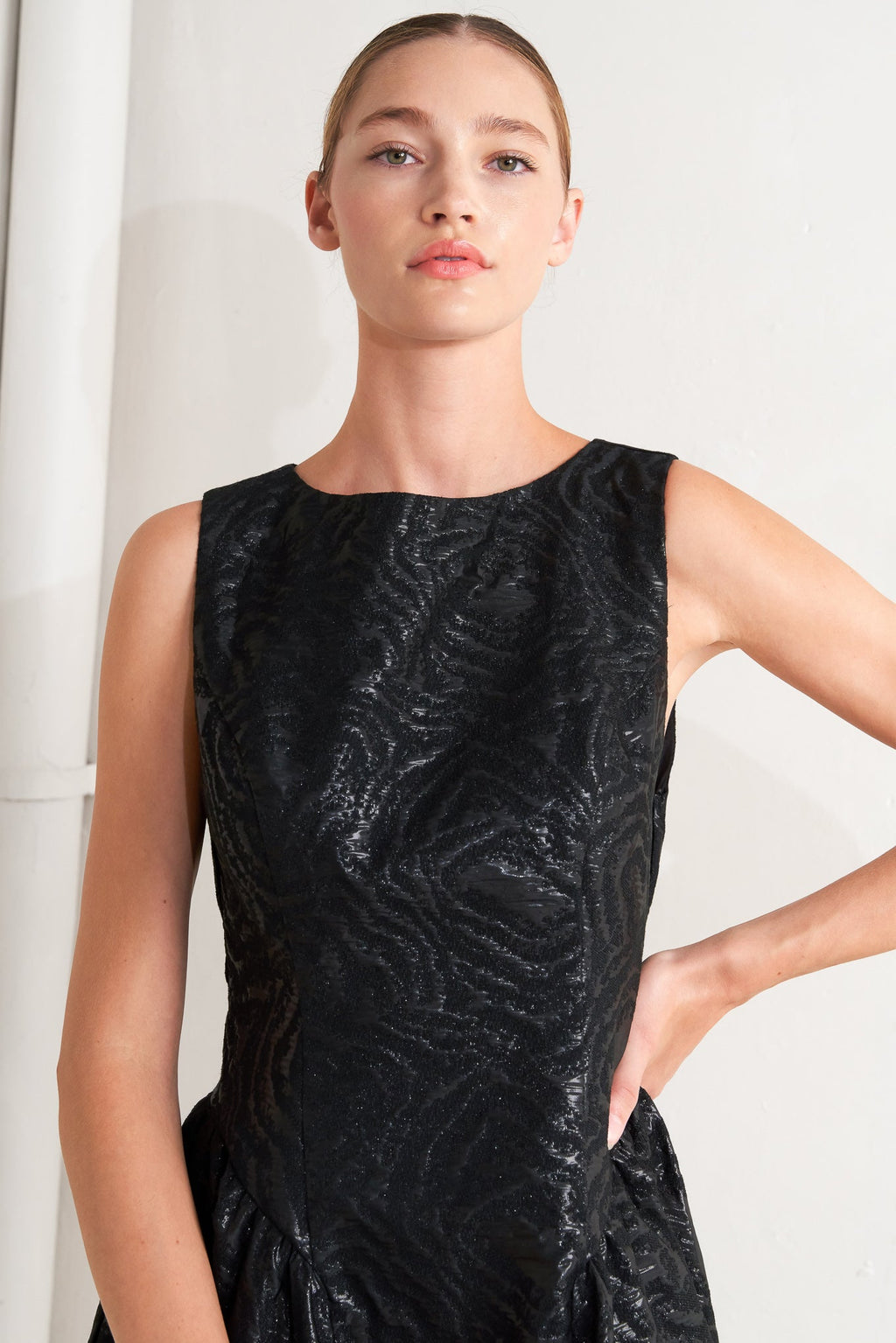 TEXTURED BLACK MIDI DRESS WITH OPEN BACK - FINAL SALE