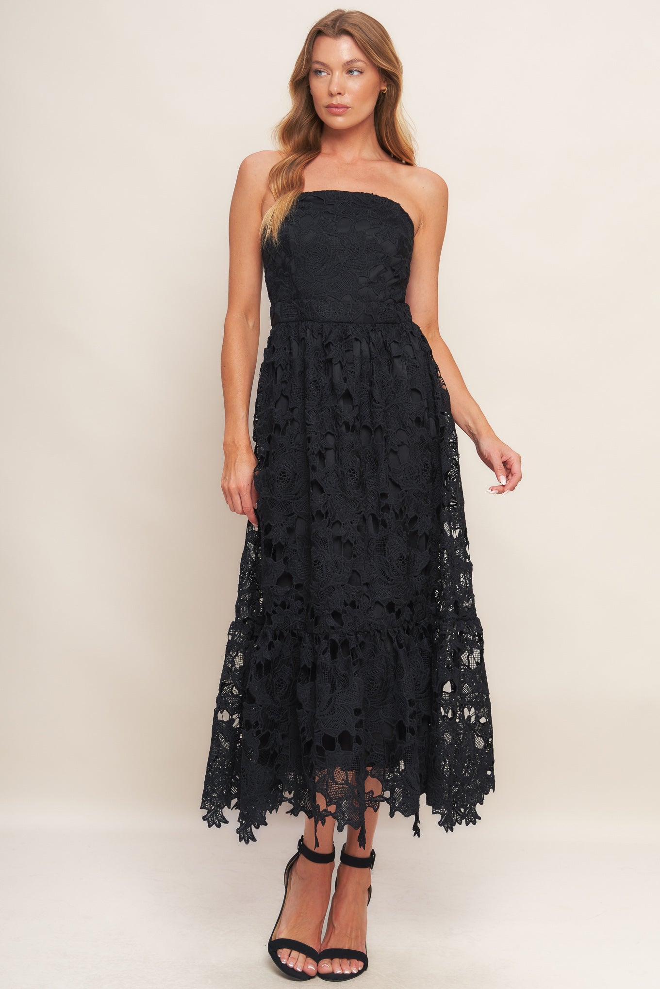 CAREFREE NIGHTS LACE MIDI DRESS - BLACK - FINAL SALE