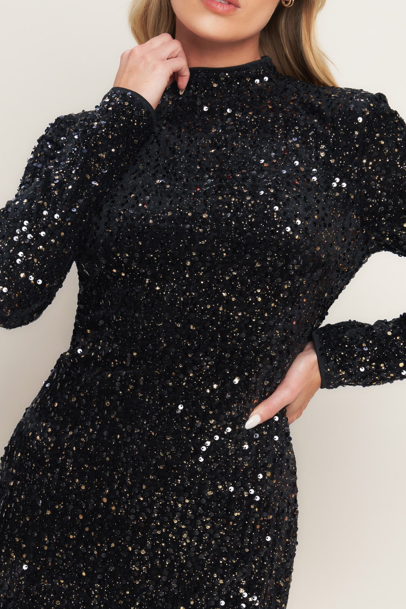 WHIMS OF FATE BLACK SEQUIN MINI DRESS WITH LONG SLEEVES - FINAL SALE