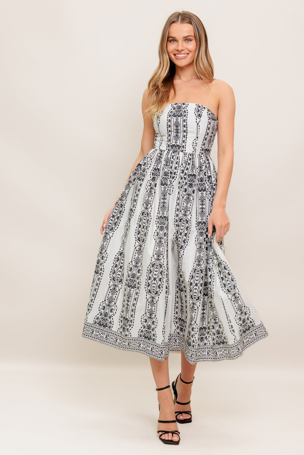 SUMMER SILHOUETTE STRAPLESS BLACK & WHITE MIDI DRESS