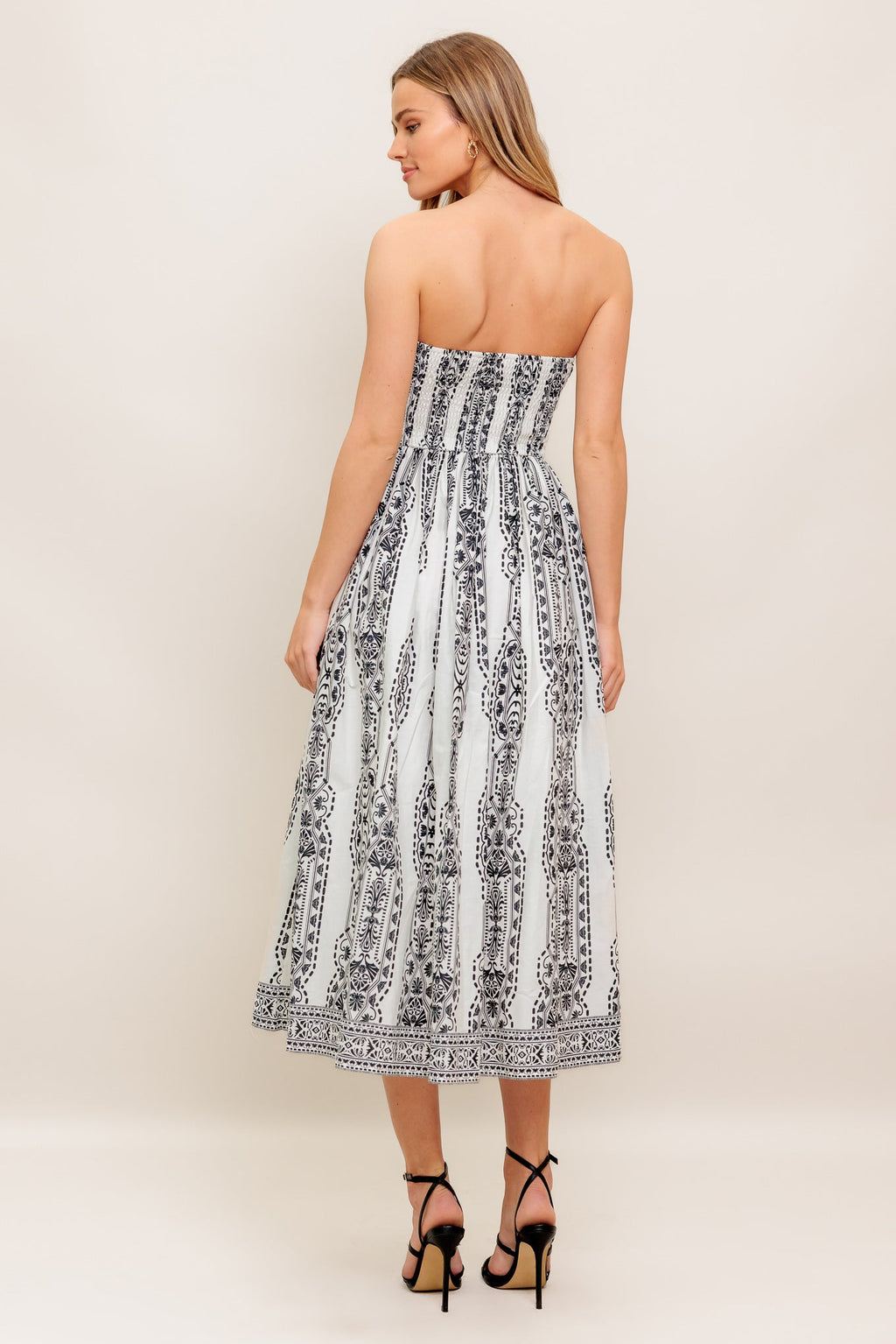 SUMMER SILHOUETTE STRAPLESS BLACK & WHITE MIDI DRESS