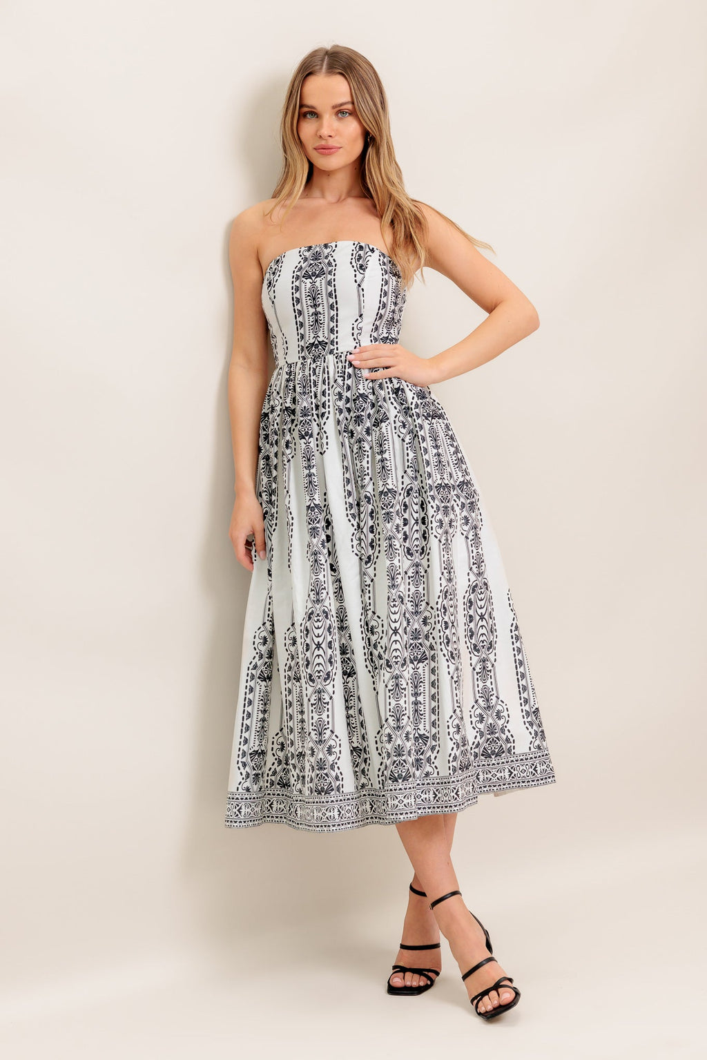 SUMMER SILHOUETTE STRAPLESS BLACK & WHITE MIDI DRESS