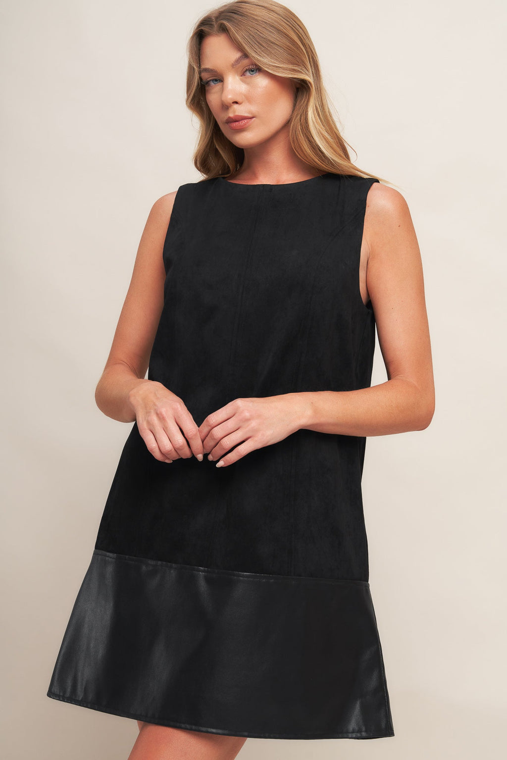 CITY SLEEK FAUX SUEDE & LEATHER SHIFT DRESS