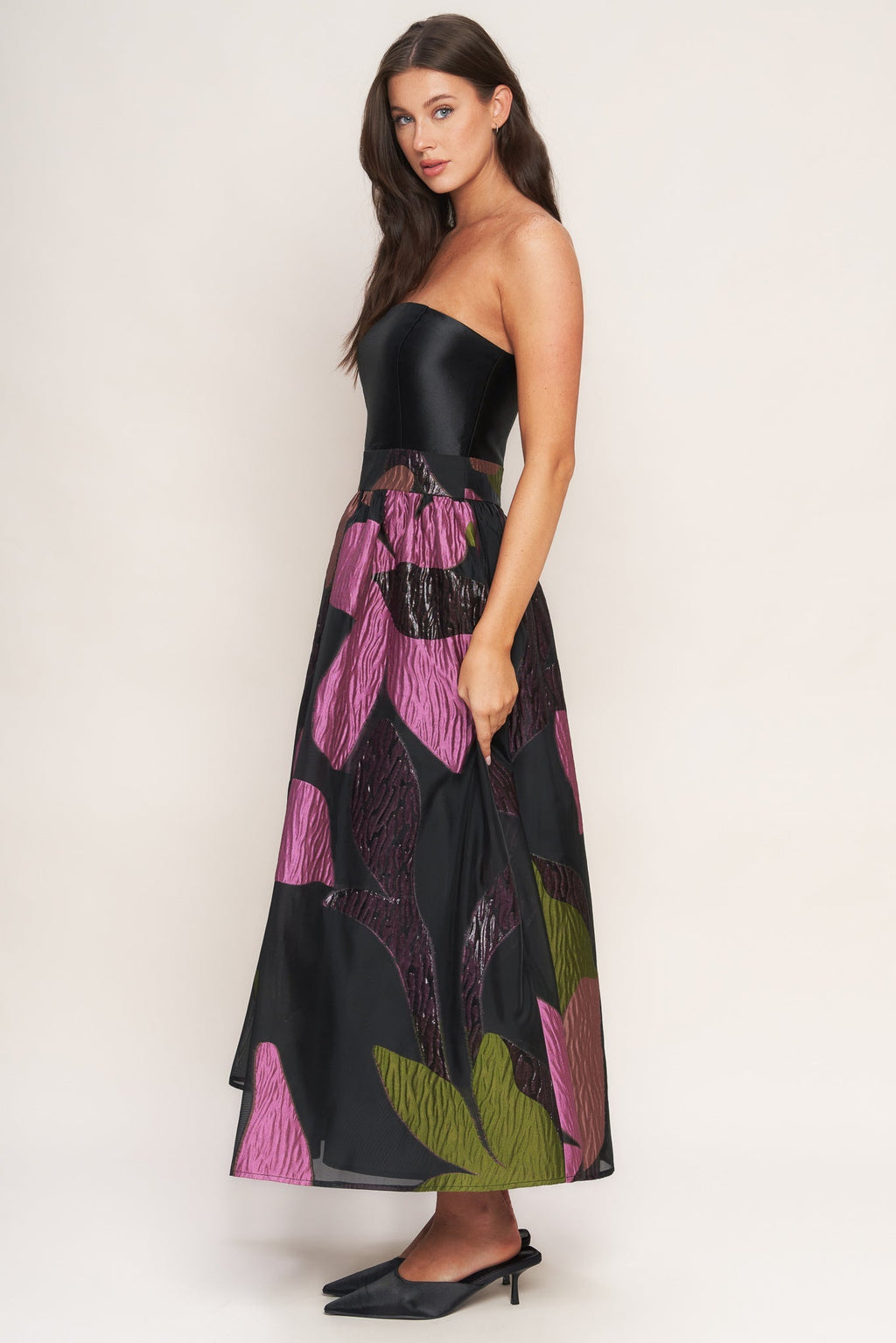 ABSTRACT ROSE BLACK MIDI DRESS