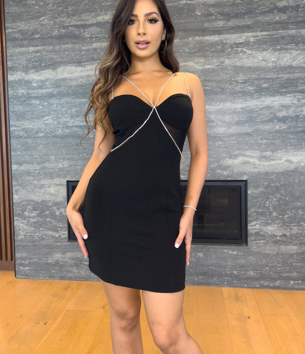 Size XS. Millionaire Mini Dress - Crystal Chain Black Cocktail Dress - FINAL SALE