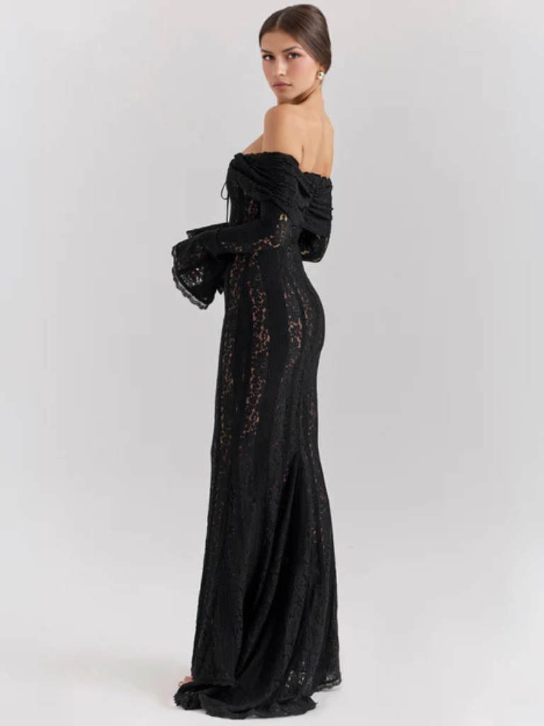 Women's Off-Shoulder Lace Flowing Silhouette Maxi Dress ¨C Elegant Long Sleeve Occasion Gown
